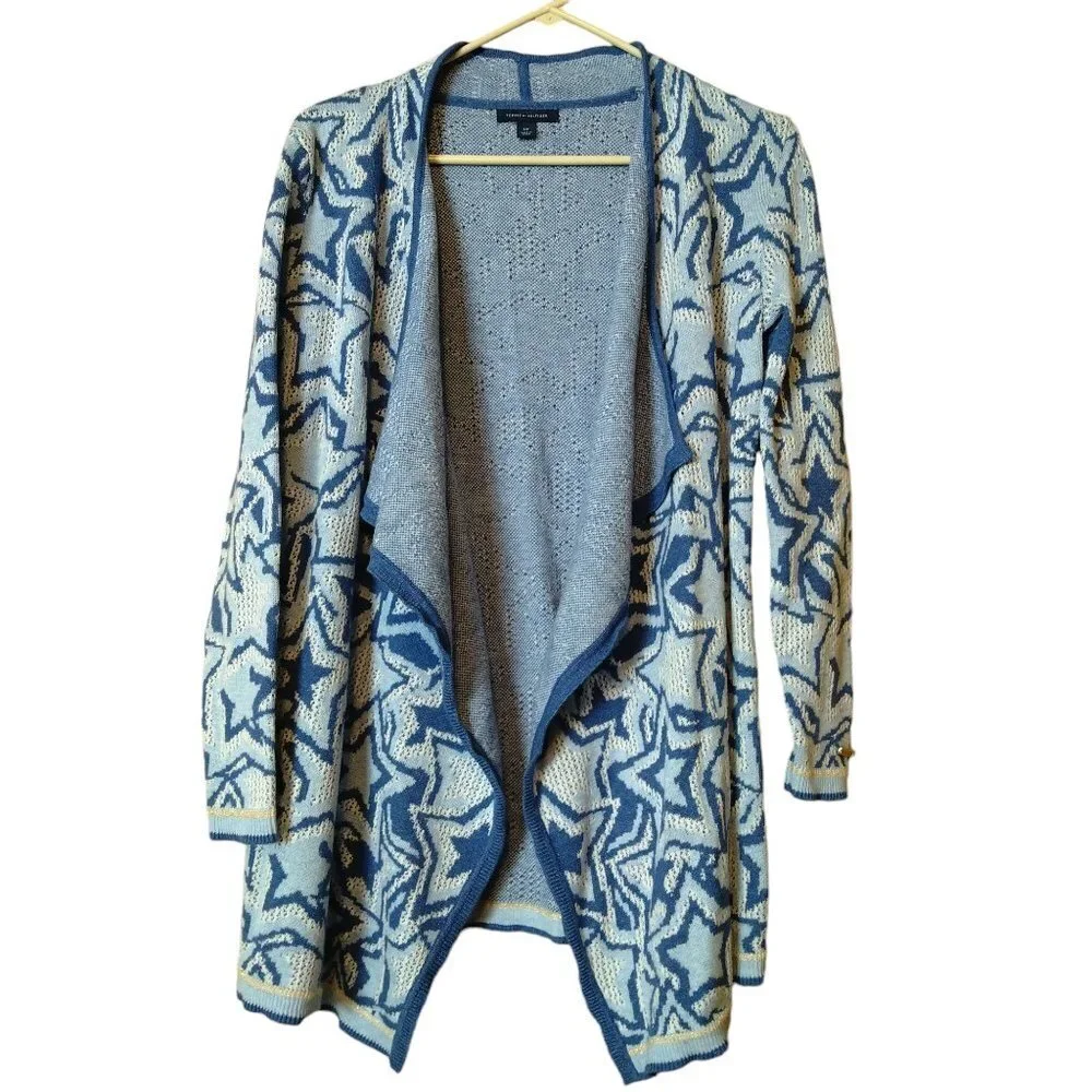 Tommy Hilfiger Size Small Open Front Cardigan Sweater Stars Blue/White